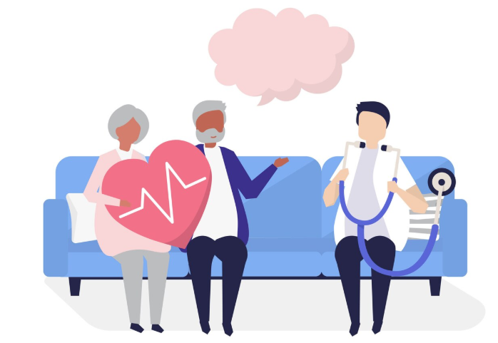 This image depicts a doctor with two elderly patients, likely representing geriatric care or a health check-up. The heart symbol with an EKG line suggests a focus on cardiovascular health.